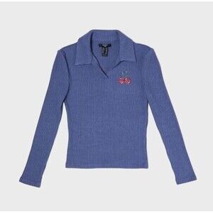 Forever 21 Womens Long Sleeve 3X Ribbed Cropped Top Cherry Blue Graphic Tee NWT